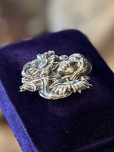 Load image into Gallery viewer, Vintage Art Nouveau Revival Repousse Silver Plated Woman Nymph Sunflower Floral Brooch Pin