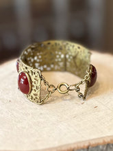 Load image into Gallery viewer, Antique 1910s 1920s Floral Brass & Hand Faceted Carnelian Cabochon Panel Link Bracelet Art Nouveau 7”
