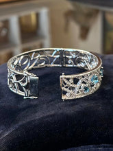 Load image into Gallery viewer, Vintage Signed P*M Sterling Silver Filigree Topaz CZ Hinged Bangle Bracelet