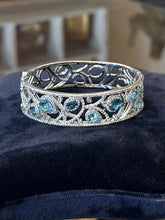Load image into Gallery viewer, Vintage Signed P*M Sterling Silver Filigree Topaz CZ Hinged Bangle Bracelet
