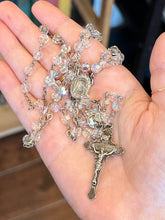 Load image into Gallery viewer, Vintage Circa 1940s Signed WI Sterling Silver Clear Aurora Borealis Crystal St. Anthony Medal Crucifix Rosary 19.45"