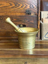 Load image into Gallery viewer, Vintage Heavy Solid Brass Mortar and Pestle Pharmacy Apothecary Pill Crusher