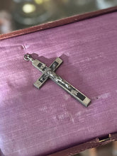 Load image into Gallery viewer, Vintage Nickel Silver & Ebony Crucifix Pendant Skull Crossbones Sacred Heart Religious