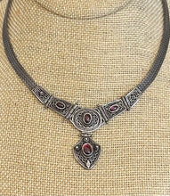 Load image into Gallery viewer, Vintage 1990s Sterling Silver & Genuine Garnet Cabochon Pendant Necklace and Dangle Drop Earrings Set
