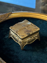 Load image into Gallery viewer, Antique Art Nouveau Gold Gilt Brass Footed Jewelry Trinket Box or Rosary Case Religious Cross | Silk Lined