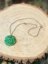 Load image into Gallery viewer, Vintage Carved Green Slag Glass Cabbage Rose Pendant Necklace Dainty Silver Tone Chain 15.25”
