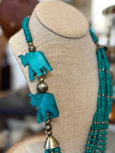 Load image into Gallery viewer, Unique Vintage Boho Teal & Silver Tone Beaded Multi-Strand Hand Carved Elephant Necklace 24.25” Hook Closure