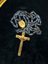 Load image into Gallery viewer, Antique Stamped XXX Triple Plated Gold Tone & Blue Faceted Crystal Rosary Beads Crucifix Engraved Monogram MJH Art Deco 22"