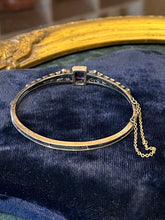 Load image into Gallery viewer, Vintage European Edwardian Art Deco 935 Sterling Silver Amethyst & Clear Rhinestone Jewelled Bow Motif Hinged Bangle Bracelet