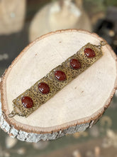 Load image into Gallery viewer, Antique 1910s 1920s Floral Brass & Hand Faceted Carnelian Cabochon Panel Link Bracelet Art Nouveau 7”