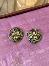 Load image into Gallery viewer, Vintage Signed CATHERINE POPESCO France Art Deco Art Nouveau Revival Purple & Green Enamel with Rhinestone Brooch and Pierced Earrings Set