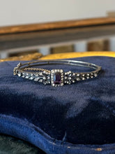 Load image into Gallery viewer, Vintage European Edwardian Art Deco 935 Sterling Silver Amethyst & Clear Rhinestone Jewelled Bow Motif Hinged Bangle Bracelet
