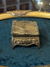 Load image into Gallery viewer, Antique Art Nouveau Gold Gilt Brass Footed Jewelry Trinket Box or Rosary Case Religious Cross | Silk Lined
