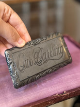Load image into Gallery viewer, Antique Victorian Engraved Our Darling Metal Casket Plate Scroll Design Silver Tone 4x2 Mourning