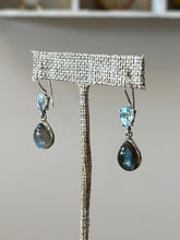 Load image into Gallery viewer, Vintage Sterling Silver Genuine Labradorite Cabochon Teardrop & Faceted Blue Aquamarine Glass Dangle Earrings