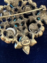 Load image into Gallery viewer, Vintage Signed HOBE Rhinestone Faux Pearls & Faux Turquoise Cabochon Brooch