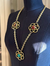 Load image into Gallery viewer, Vintage 1970s YSL Yves Saint Laurent Couture Large Peking Glass & Brown Flower Statement Necklace or Belt Toggle Closure 30” Signed