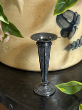 Load image into Gallery viewer, Antique Victorian Silverplate Floral Engraved Bud Trumpet Vase 5”