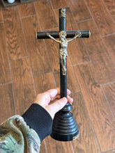 Load image into Gallery viewer, Antique Black Ebony Wood & Metal Altar Standing Tabletop Pedestal Crucifix Skull and Crossbones 11” Tall