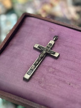 Load image into Gallery viewer, Vintage Nickel Silver & Ebony Crucifix Pendant Skull Crossbones Sacred Heart Religious