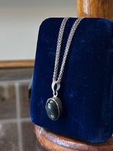 Load image into Gallery viewer, Vintage Postmodern Sterling Silver Oval Black Mother of Pearl Cabochon Pendant Necklace Triple Strand Chain 18”