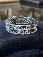 Load image into Gallery viewer, Vintage Signed P*M Sterling Silver Filigree Topaz CZ Hinged Bangle Bracelet