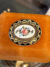 Load image into Gallery viewer, Vintage Oval Guilloche Enamel Handpainted Rose Flower Black Gold Edge Pin Brooch