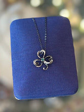 Load image into Gallery viewer, Vintage 1980s Signed Franklin Mint FM Sterling Silver & Emerald Open 3-Leaf Clover Shamrock Pendant Necklace 16.2”
