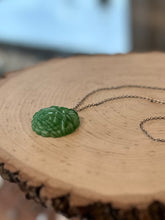 Load image into Gallery viewer, Vintage Carved Green Slag Glass Cabbage Rose Pendant Necklace Dainty Silver Tone Chain 15.25”