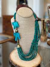 Load image into Gallery viewer, Unique Vintage Boho Teal & Silver Tone Beaded Multi-Strand Hand Carved Elephant Necklace 24.25” Hook Closure