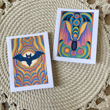 Load image into Gallery viewer, Box Set Of 8 Groovy Psychedelic Colorful Halloween Bat Cards: Brown Kraft Paper