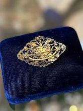 Load image into Gallery viewer, Vintage Austrian Brass Filigree Brooch Blue Rhinestones, Faux Pearls, & Blue Mottled Cabochon Center