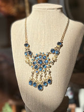 Load image into Gallery viewer, Vintage Blue Faceted Glass Rhinestone Gold Tone Medallion Dangle Bib Statement Necklace 16”