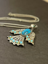 Load image into Gallery viewer, Vintage Southwestern Large Thunderbird Faux Turquoise Cabochon & Silver Tone Pendant Necklace Statement 24.25”
