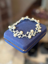Load image into Gallery viewer, Vintage 1950s Sarah Coventry SC Signed Moonlight Serenade Silver Tone Rhinestone & Faux Pearl Link Bracelet 7.5”