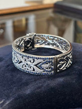 Load image into Gallery viewer, Vintage P*M Art Deco Revival Sterling Silver Filigree Sapphire Hinged Bracelet