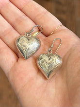 Load image into Gallery viewer, Vintage Sterling Silver Etched Puffy Heart Dangle Drop Earrings