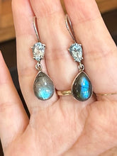 Load image into Gallery viewer, Vintage Sterling Silver Genuine Labradorite Cabochon Teardrop & Faceted Blue Aquamarine Glass Dangle Earrings