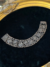 Load image into Gallery viewer, Vintage 1940s 1950s Art Nouveau Revival Sterling Silver Cabbage Rose Panel Link Bracelet 7”