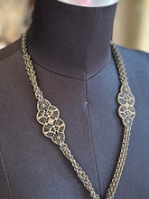 Load image into Gallery viewer, Vintage 1930s Art Deco Brass Filigree Panel Baroque Teardrop Faux Pearl Pendant Necklace 23.75”