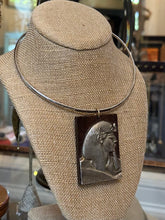 Load image into Gallery viewer, Vintage Midcentury Circa 1970s Large Wood & Silver Tone Metal Egyptian Revival Pharoah Pendant on Silver Tone Choker Adjustable