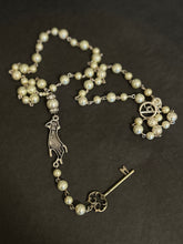 Load image into Gallery viewer, Handmade Faux Pearl Beaded Hand &amp; Key Necklace w/ Toggle Clasp - Hand on Key
