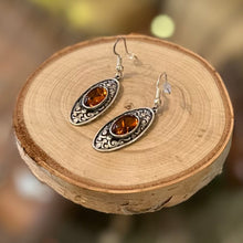 Load image into Gallery viewer, Vintage Sterling Silver & Genuine Baltic Amber Art Nouveau Style Scroll Dangle Earrings