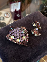 Load image into Gallery viewer, Vintage Midcentury Signed WEISS Purple & AB Aurora Borealis Rhinestone Brooch and Clip-on Earrings Set