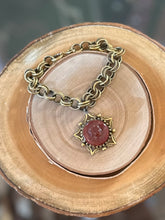 Load image into Gallery viewer, Vintage Midcentury Gold Tone Victorian Revival Red Glass Intaglio Cameo Fob Charm Bracelet 7”