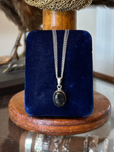 Load image into Gallery viewer, Vintage Postmodern Sterling Silver Oval Black Mother of Pearl Cabochon Pendant Necklace Triple Strand Chain 18”