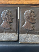 Load image into Gallery viewer, Pair of Antique Art Nouveau Bronze Tone Cast Iron Abraham Lincoln Profile Bookends 5.25” Heavy