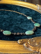 Load image into Gallery viewer, Antique Vintage Art Deco 1920s 1930s Filigree Brass Natural Jadeite Jade Oval Cabochon Necklace 16.75”