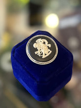 Load image into Gallery viewer, Vintage Circa 1967 Signed Wedgwood England Silver Black & White Jasperware Cupid Stringing His Bow Cameo Brooch 1960s