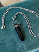Load image into Gallery viewer, Vintage Sterling Silver & Black Onyx Faceted Pointed Tower Green Rhinestone Pendant Necklace 20”